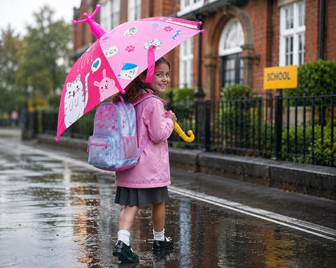Kids Cat Print Rain Umbrella with Built-in Cover & Stand