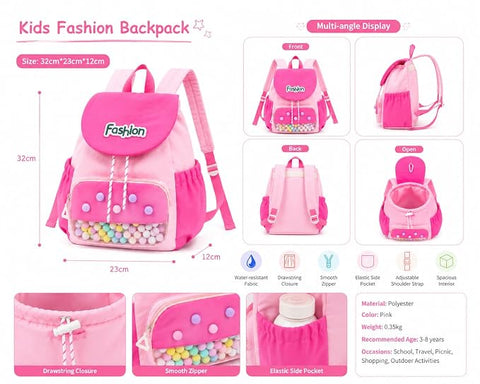 Kids Waterproof Pom Pom Backpack School Bag