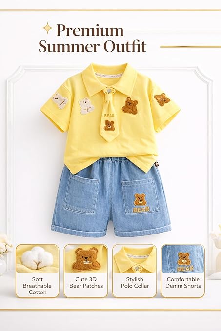 Boys Teddy Bear Embroidered Polo T-Shirt & Denim Shorts Co-Ord Set