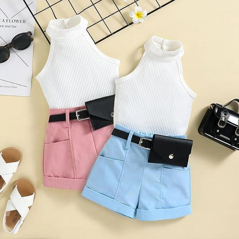 Girls Sleeveless Halter Neck Top and Contrast Shorts with Belt & Wallet, Partywear Co-ords Set