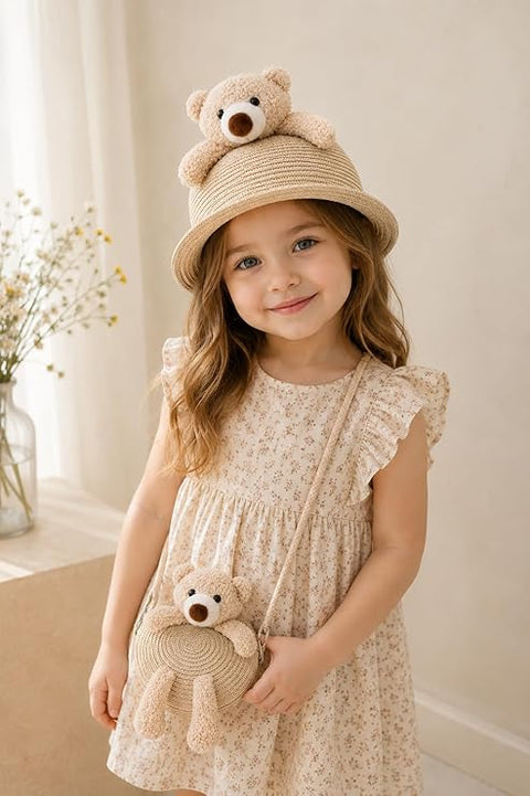Cute Plush Bear Kids Straw Sun Hat N Sling Bag Combo for Girls 3-8 Years