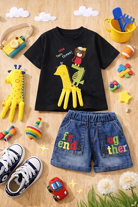 Kids Boys 2-Piece Summer Clothing Set with 3D Giraffe Applique