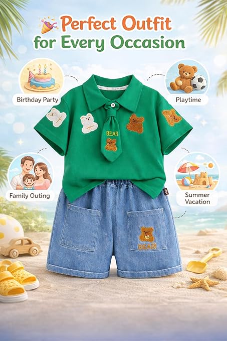 Boys Teddy Bear Embroidered Polo T-Shirt & Denim Shorts Co-Ord Set