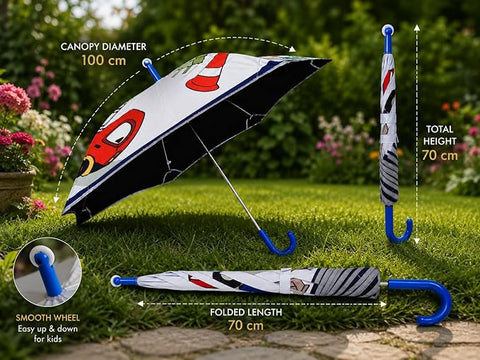 Kids Random Print Dark Blue Umbrella with Safe Rounded Edge & Rolling Wheel