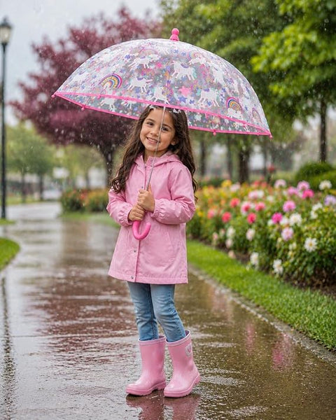 Clear Cute Unicorn Print Kids Umbrella with Anti Pinch Runner