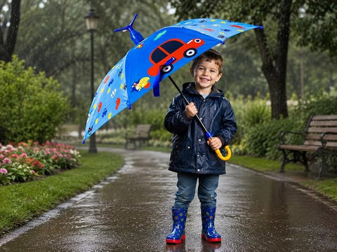 Kids Cartoon Car Rain Umbrella with Built-in Cover & Stand