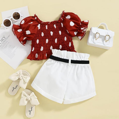 Girls Polka Dot Smocking Puff Sleeve Crop Top and Shorts with Black Belt Party Wear Set
