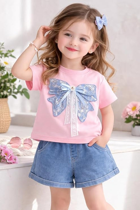 Girl Half Sleeve Bow Lace T-Shirt with Shorts