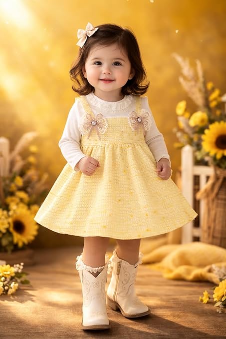 Baby Girls Self-Embroidered Full Sleeve Pinafore Frock Midi Dress T-shirt Tunic Set for Infant Girls