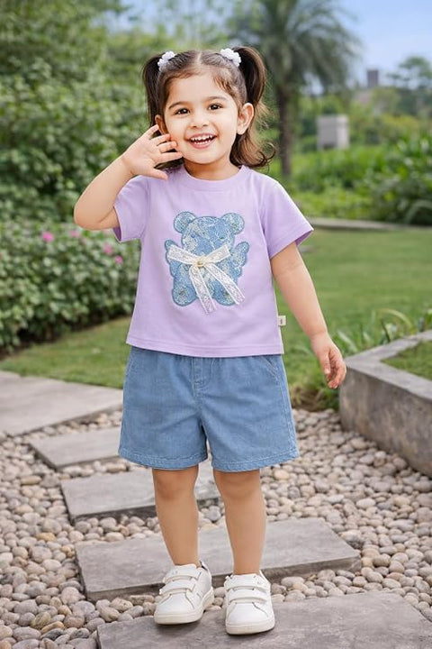 Adorable Bear Sequin Patch T-shirt and Denim Shorts Set for Infant Toddler Baby Girls