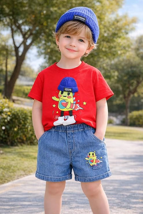 Boys Cartoon Print T-Shirt with Denim Shorts