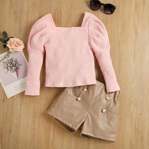 Baby Girls Full Sleeve Ribbed Top & PU Leather Shorts Party Dress Co-ords