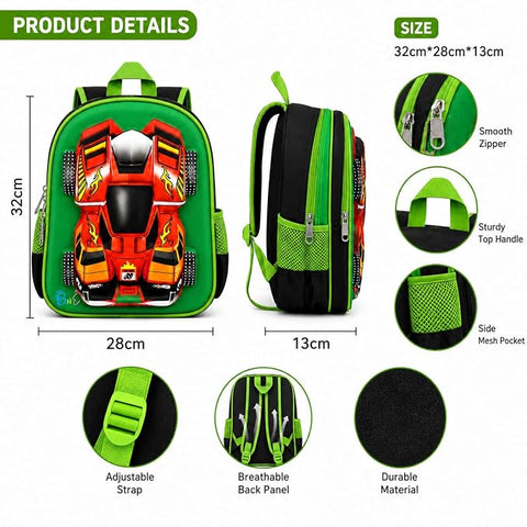 3D Racing Car School Backpack For Kids