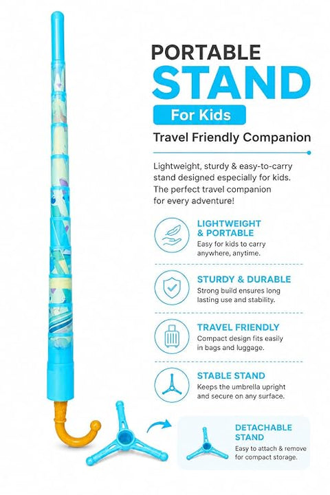 Kids Dino Print Rain Umbrella with Built-in Cover & Stand