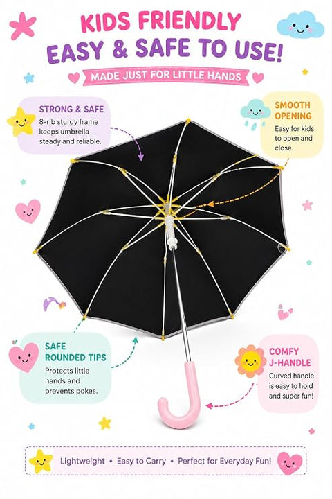Kids Random Print Pink Umbrella with Safe Rounded Edge & Rolling Wheel