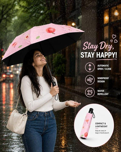 Adult's Peach Print 3 Fold Auto Open Close Umbrella for Sun & Rain