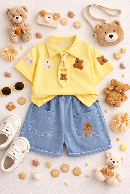 Boys Teddy Bear Embroidered Polo T-Shirt & Denim Shorts Co-Ord Set