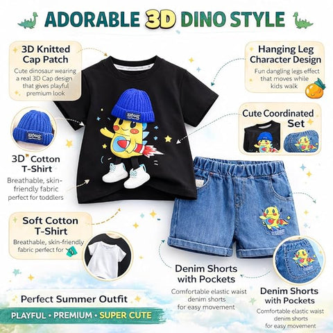 Boys Cartoon Print T-Shirt with Denim Shorts