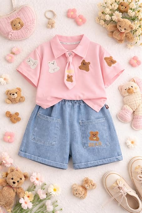 Boys Teddy Bear Embroidered Polo T-Shirt & Denim Shorts Co-Ord Set