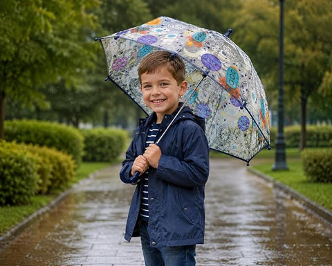 Clear Cute Space Print Kids Umbrella with Anti Pinch Runner