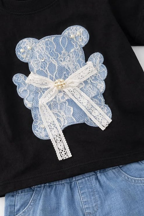 Adorable Bear Sequin Patch T-shirt and Denim Shorts Set for Infant Toddler Baby Girls