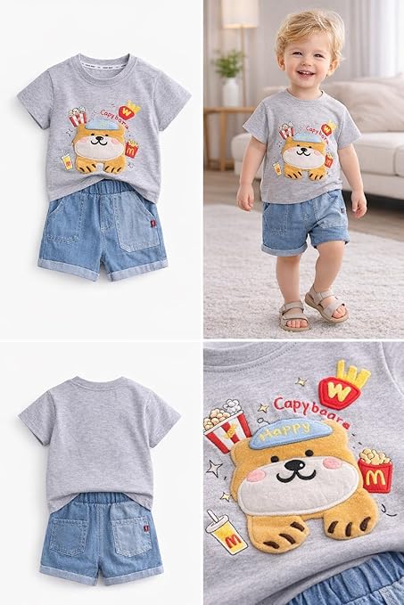 Kids Casual Graphic Tee & Denim Shorts Set