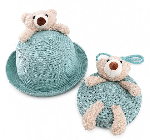Cute Plush Bear Kids Straw Sun Hat N Sling Bag Combo for Girls 3-8 Years