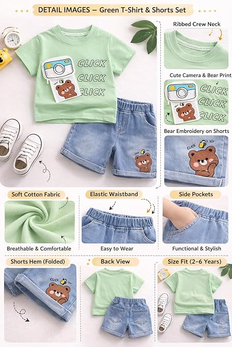 Kids Cotton T-Shirt & Denim Shorts Set with Camera & Bear Print
