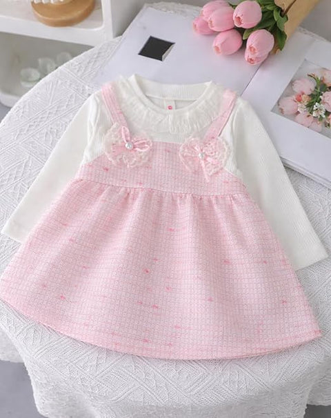 Baby Girls Self-Embroidered Full Sleeve Pinafore Frock Midi Dress T-shirt Tunic Set for Infant Girls