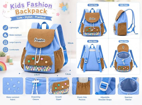 Kids Waterproof Pom Pom Backpack School Bag