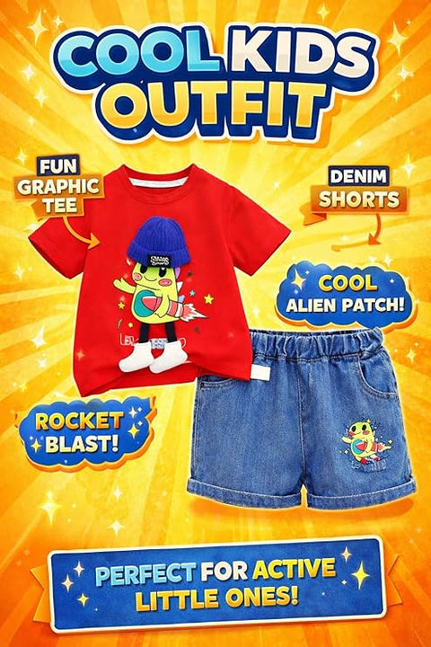Boys Cartoon Print T-Shirt with Denim Shorts
