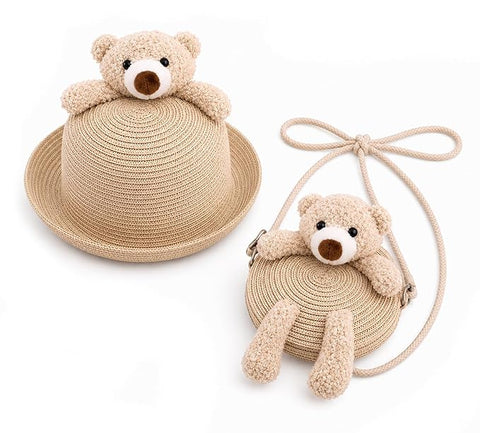 Cute Plush Bear Kids Straw Sun Hat N Sling Bag Combo for Girls 3-8 Years