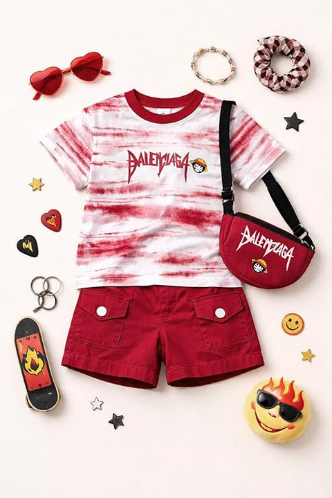 Kids Trendy Tie-Dye T-Shirt & Shorts Set with Matching Sling Bag