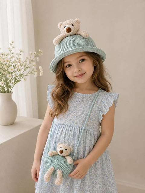 Cute Plush Bear Kids Straw Sun Hat N Sling Bag Combo for Girls 3-8 Years