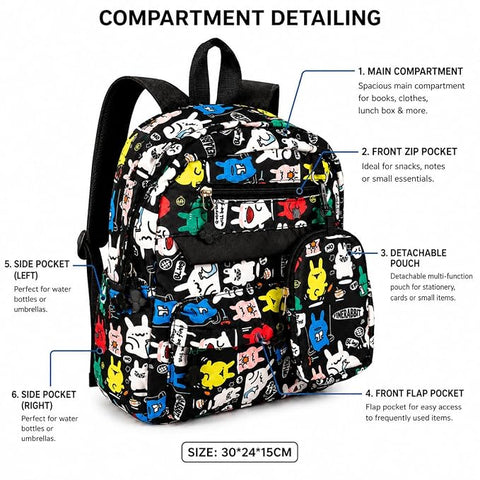 Cartoon Graffiti School Backpack with Detachable Pouch
