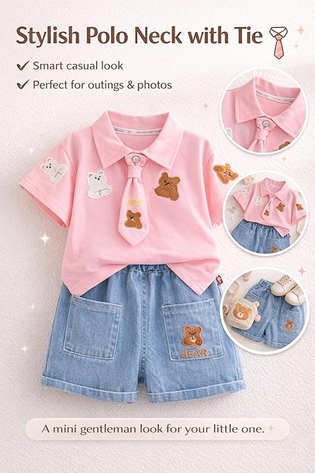 Boys Teddy Bear Embroidered Polo T-Shirt & Denim Shorts Co-Ord Set
