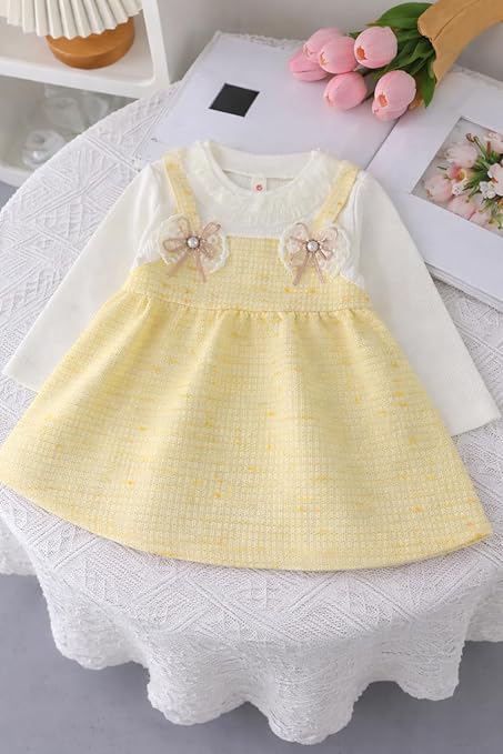 Baby Girls Self-Embroidered Full Sleeve Pinafore Frock Midi Dress T-shirt Tunic Set for Infant Girls