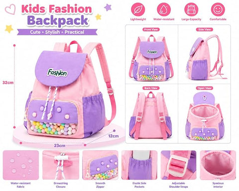Kids Waterproof Pom Pom Backpack School Bag