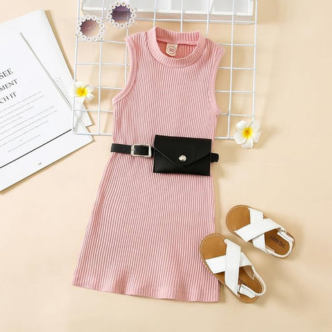 Girl’s Sleeveless Ribbed Stylish Monochrome Party Dress Frock Tunic with PU Leather Belt and Wallet