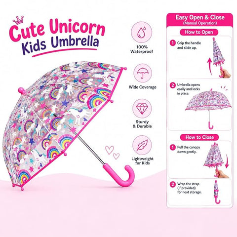 Clear Cute Unicorn Print Kids Umbrella with Anti Pinch Runner