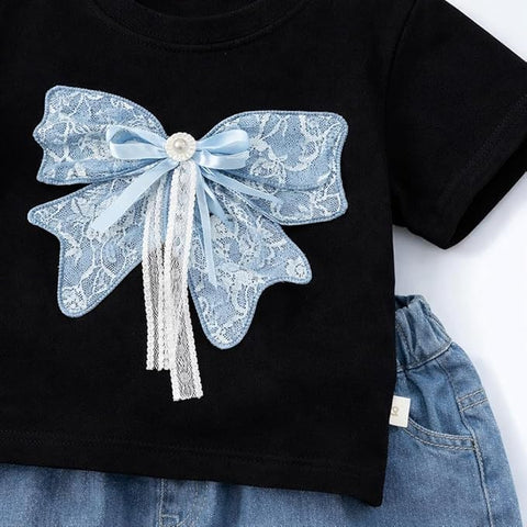 Girl Half Sleeve Bow Lace T-Shirt with Shorts