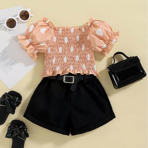 Girls Polka Dot Smocking Puff Sleeve Crop Top and Shorts with Black Belt Party Wear Set