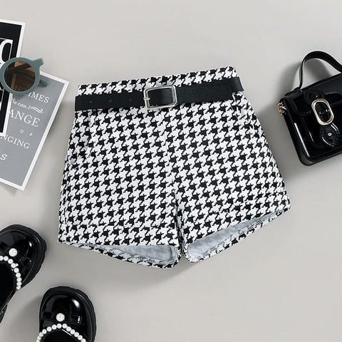 Girls Ribbed Halter Neck Top and Houndstooth Shorts with Belt Wallet Party Dress