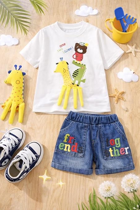Kids Boys 2-Piece Summer Clothing Set with 3D Giraffe Applique
