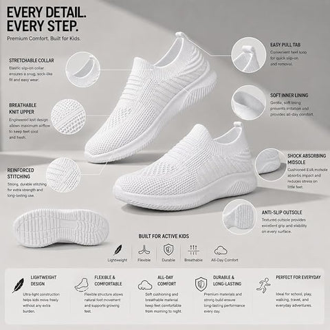 Kids No Lace Slip-On Casual Sneakers School Shoes