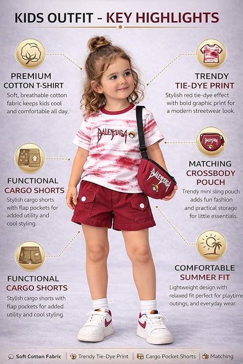 Kids Trendy Tie-Dye T-Shirt & Shorts Set with Matching Sling Bag