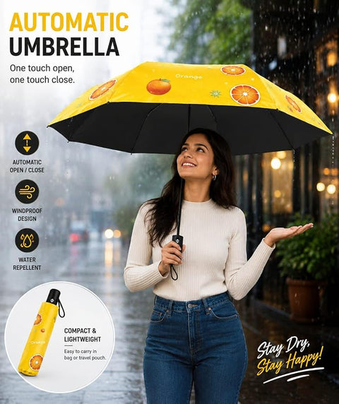 Bold N Elegant Orange Print Adult's 3 Fold Auto Open Close Umbrella for Sun & Rain