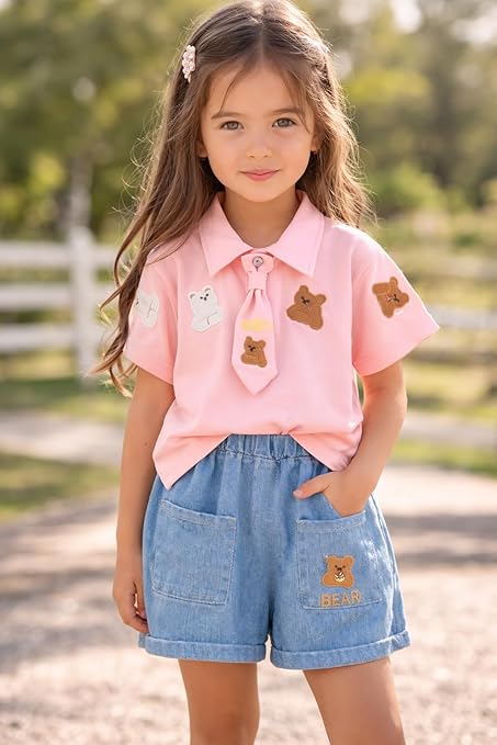 Boys Teddy Bear Embroidered Polo T-Shirt & Denim Shorts Co-Ord Set