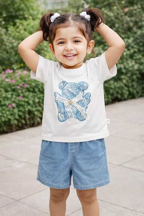 Adorable Bear Sequin Patch T-shirt and Denim Shorts Set for Infant Toddler Baby Girls