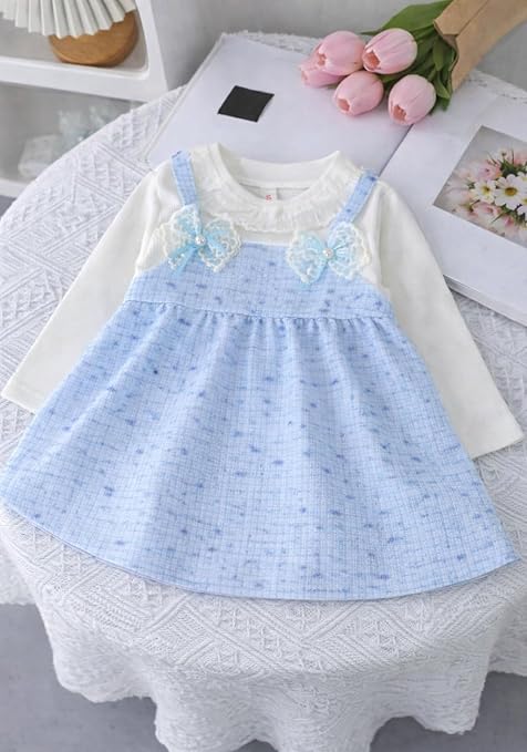 Baby Girls Self-Embroidered Full Sleeve Pinafore Frock Midi Dress T-shirt Tunic Set for Infant Girls
